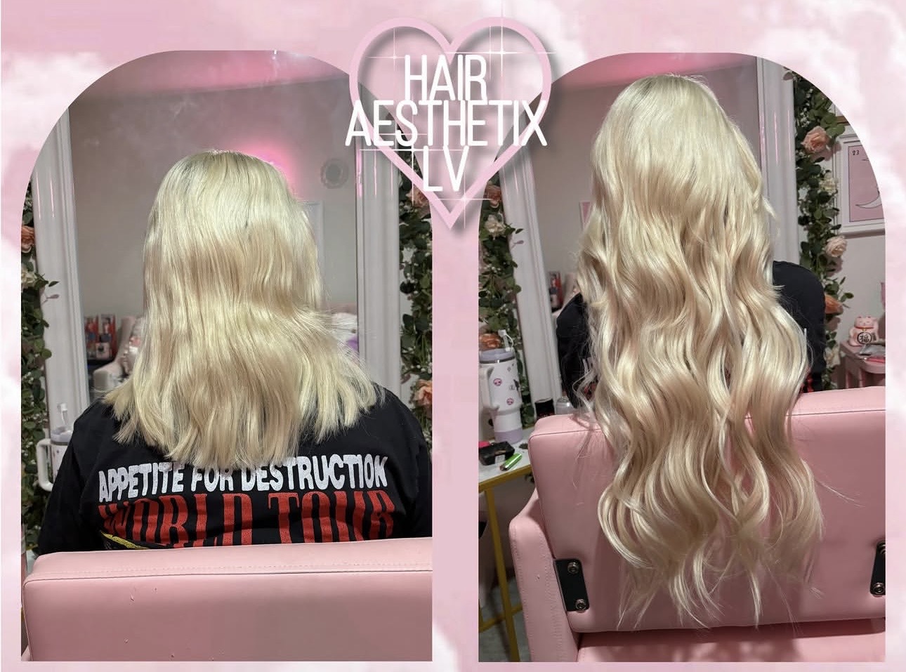 Before and after platinum blonde hair extension transformation